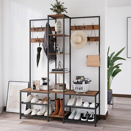Xxl Corner Coat Stand Widen Depth Bench Shoe Rack Storage Shelves 10 Dual Hooks.