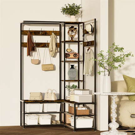 Xxl Corner Coat Stand Widen Depth Bench Shoe Rack Storage Shelves 10 Dual Hooks.