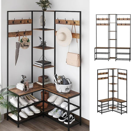 Xxl Corner Coat Stand Widen Depth Bench Shoe Rack Storage Shelves 10 Dual Hooks.