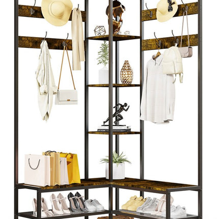 Xxl Corner Coat Stand Widen Depth Bench Shoe Rack Storage Shelves 10 Dual Hooks.