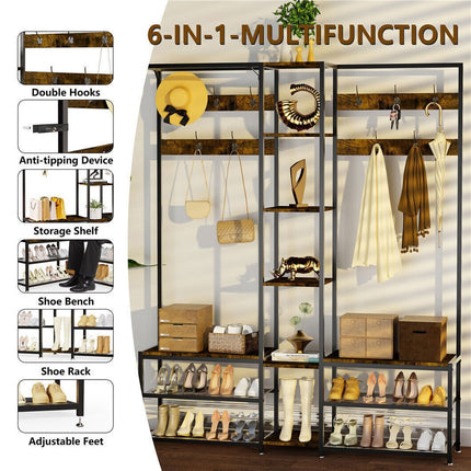 Xxl Corner Coat Stand Widen Depth Bench Shoe Rack Storage Shelves 10 Dual Hooks.