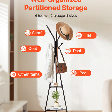 Gold Coat Rack, Freestanding Coats Rack Stand with 2 Shelves & 6 Hooks, Free Standing Hall Coat Tree.