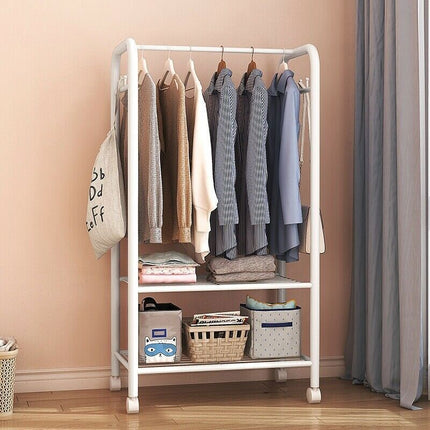 2Tier Rolling Free-Standing Clothing Garment Rack Closet Organizer Open Wardrobe.