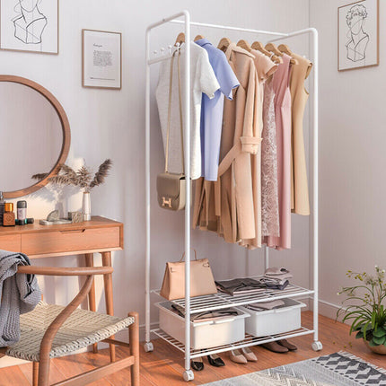 2Tier Rolling Free-Standing Clothing Garment Rack Closet Organizer Open Wardrobe.