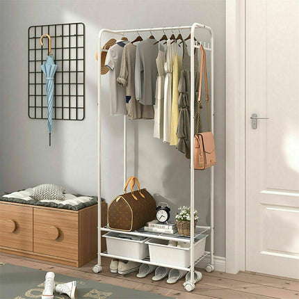 2Tier Rolling Free-Standing Clothing Garment Rack Closet Organizer Open Wardrobe.