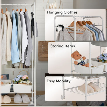 2Tier Rolling Free-Standing Clothing Garment Rack Closet Organizer Open Wardrobe.
