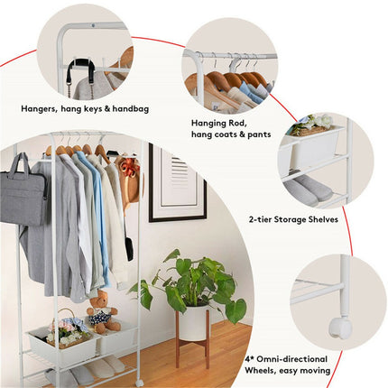 2Tier Rolling Free-Standing Clothing Garment Rack Closet Organizer Open Wardrobe.