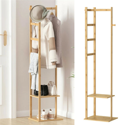 Bamboo Coat Stand Clothes Rack with Garment Shelf, Hanging Rail and Hooks.