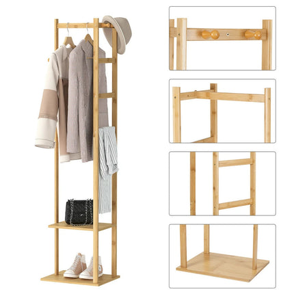 Bamboo Coat Stand Clothes Rack with Garment Shelf, Hanging Rail and Hooks.