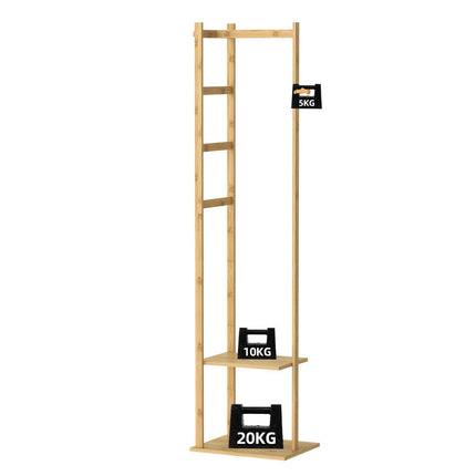 Bamboo Coat Stand Clothes Rack with Garment Shelf, Hanging Rail and Hooks.