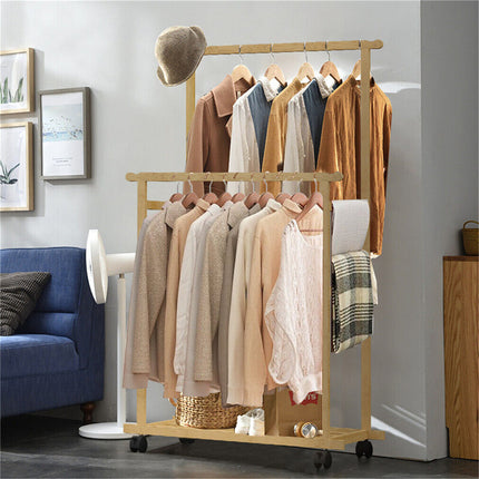 Double Rail Heavy Strong Rolling Clothes Rack with Trousers Rack & Bottom Shelf.