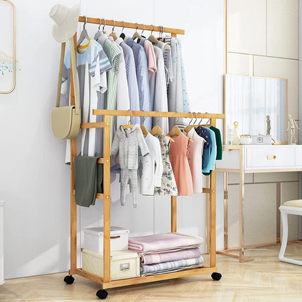 Double Rail Heavy Strong Rolling Clothes Rack with Trousers Rack & Bottom Shelf.