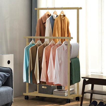 Double Rail Heavy Strong Rolling Clothes Rack with Trousers Rack & Bottom Shelf.
