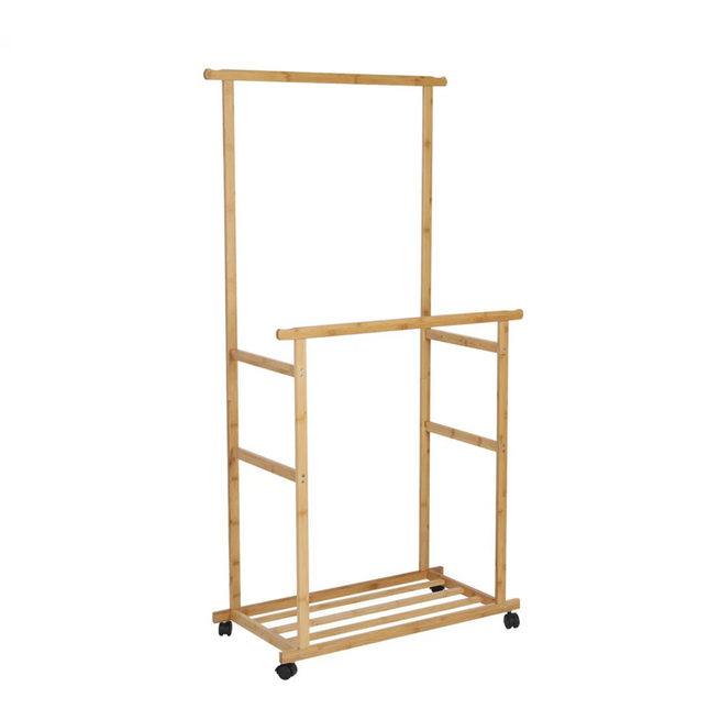 Portable Rolling Bamboo Clothes Rack for Kids with Hanging Rail.
