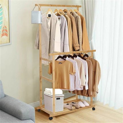Portable Rolling Bamboo Clothes Rack for Kids with Hanging Rail.