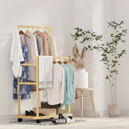 Portable Rolling Bamboo Clothes Rack for Kids with Hanging Rail.