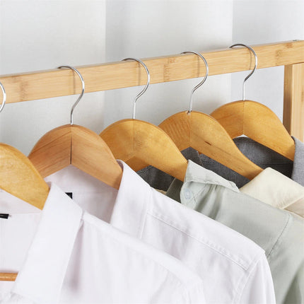 Portable Rolling Bamboo Clothes Rack for Kids with Hanging Rail.