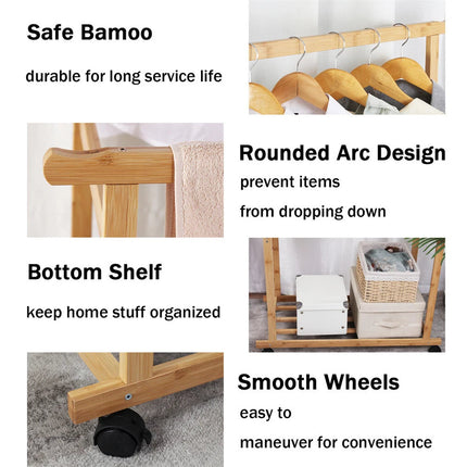 Portable Rolling Bamboo Clothes Rack for Kids with Hanging Rail.