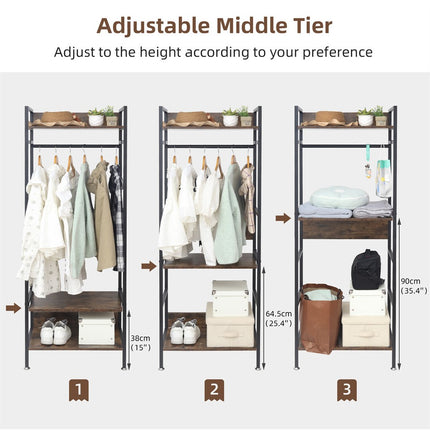 Rustic Wooden Clothes Garment Rail Open Hanging Display Shelf Shoe Rack Entryway.