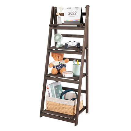 Retro 4 Tier Wooden Ladder Bookcase Folding Book Shelf Plant Stand Storage Rack.