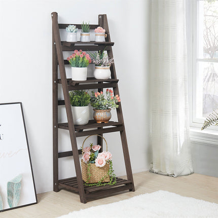 Retro 4 Tier Wooden Ladder Bookcase Folding Book Shelf Plant Stand Storage Rack.