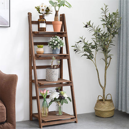 Retro 4 Tier Wooden Ladder Bookcase Folding Book Shelf Plant Stand Storage Rack.