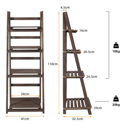 Retro 4 Tier Wooden Ladder Bookcase Folding Book Shelf Plant Stand Storage Rack.