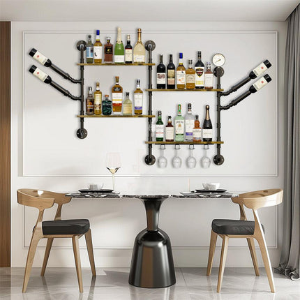 Industrial Pipe Bar Wall Liquor Shelf Floating Shelves with Wine Glass Holder.