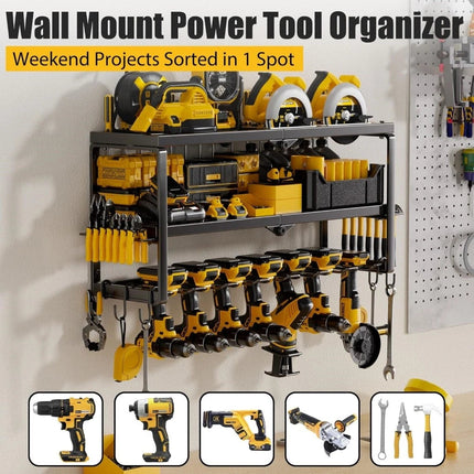 P&P Heavy Duty Power Tool Organizer with 7 Drill Holders Wall Mounted Garage Storage Rack for Tools & Utility.