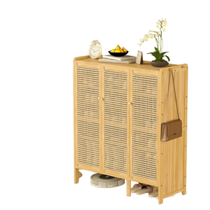Modern Bamboo Shoe Rack Storage Cabinet with 3 Woven Rattan Doors, 5-Tier Shoe Organizer Shelf Cupboard for Entryway, Hallway, Bedroom - Natural Wood.