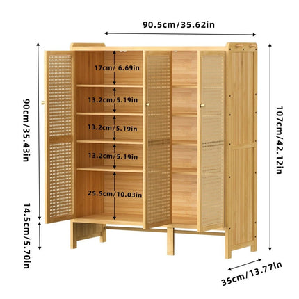 Modern Bamboo Shoe Rack Storage Cabinet with 3 Woven Rattan Doors, 5-Tier Shoe Organizer Shelf Cupboard for Entryway, Hallway, Bedroom - Natural Wood.