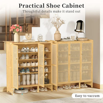 Modern Bamboo Shoe Rack Storage Cabinet with 3 Woven Rattan Doors, 5-Tier Shoe Organizer Shelf Cupboard for Entryway, Hallway, Bedroom - Natural Wood.