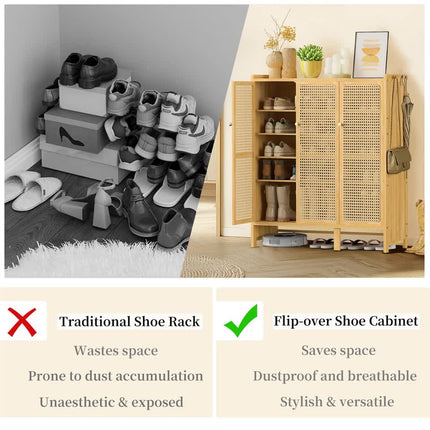 Modern Bamboo Shoe Rack Storage Cabinet with 3 Woven Rattan Doors, 5-Tier Shoe Organizer Shelf Cupboard for Entryway, Hallway, Bedroom - Natural Wood.