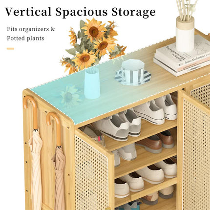 Modern Bamboo Shoe Rack Storage Cabinet with 3 Woven Rattan Doors, 5-Tier Shoe Organizer Shelf Cupboard for Entryway, Hallway, Bedroom - Natural Wood.