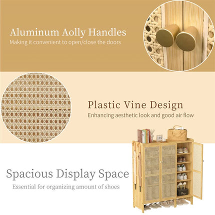 Modern Bamboo Shoe Rack Storage Cabinet with 3 Woven Rattan Doors, 5-Tier Shoe Organizer Shelf Cupboard for Entryway, Hallway, Bedroom - Natural Wood.