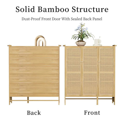 Modern Bamboo Shoe Rack Storage Cabinet with 3 Woven Rattan Doors, 5-Tier Shoe Organizer Shelf Cupboard for Entryway, Hallway, Bedroom - Natural Wood.