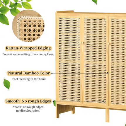 Modern Bamboo Shoe Rack Storage Cabinet with 3 Woven Rattan Doors, 5-Tier Shoe Organizer Shelf Cupboard for Entryway, Hallway, Bedroom - Natural Wood.