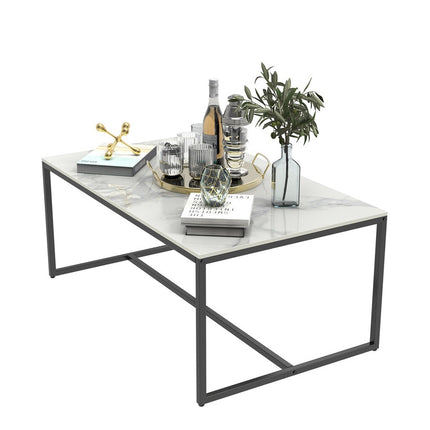 Extra Thick Marble Coffee Table White Sintered Stone Rectangular Center Table with Black Metal Frame.