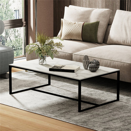 Extra Thick Marble Coffee Table White Sintered Stone Rectangular Center Table with Black Metal Frame.