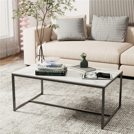 Extra Thick Marble Coffee Table White Sintered Stone Rectangular Center Table with Black Metal Frame.