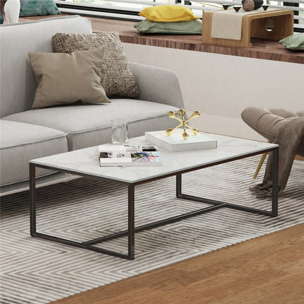 Extra Thick Marble Coffee Table White Sintered Stone Rectangular Center Table with Black Metal Frame.