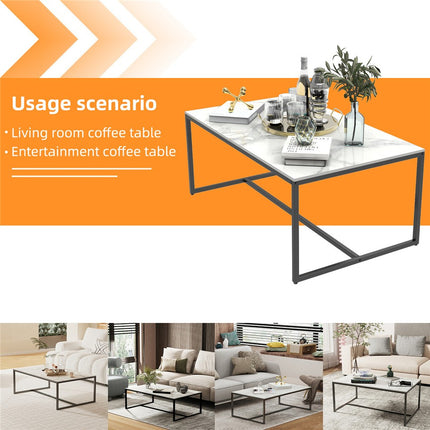 Extra Thick Marble Coffee Table White Sintered Stone Rectangular Center Table with Black Metal Frame.