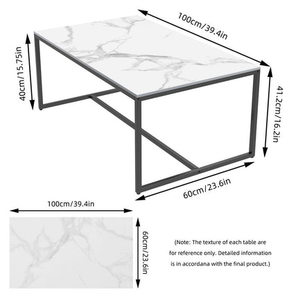 Extra Thick Marble Coffee Table White Sintered Stone Rectangular Center Table with Black Metal Frame.