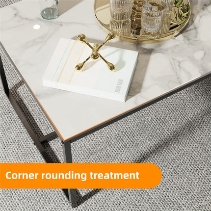 Extra Thick Marble Coffee Table White Sintered Stone Rectangular Center Table with Black Metal Frame.