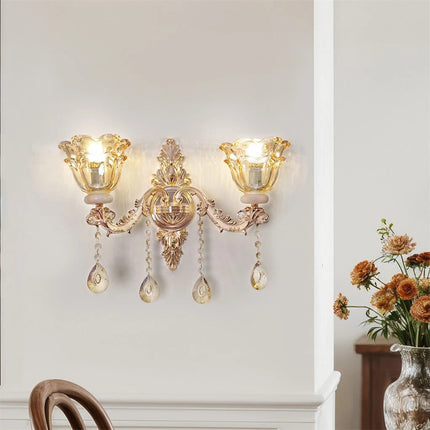 Rococo Gold Wall Sconce Floral Bedside Wall Lamp with Beveled Crystal Lighting for Hallway & Living Room.
