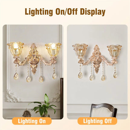 Rococo Gold Wall Sconce Floral Bedside Wall Lamp with Beveled Crystal Lighting for Hallway & Living Room.