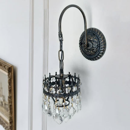 Vintage Wall Light Sconce with Clear Crystals, Black and Gold Glass Wall Lamp, 3-Mode Dimmable LED E14 Lighting Fixture for Home, Bathroom, Dining Room, Hallway.
