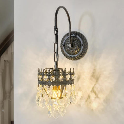 Vintage Wall Light Sconce with Clear Crystals, Black and Gold Glass Wall Lamp, 3-Mode Dimmable LED E14 Lighting Fixture for Home, Bathroom, Dining Room, Hallway.