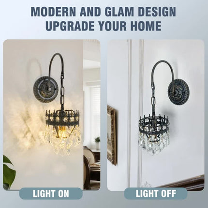 Vintage Wall Light Sconce with Clear Crystals, Black and Gold Glass Wall Lamp, 3-Mode Dimmable LED E14 Lighting Fixture for Home, Bathroom, Dining Room, Hallway.