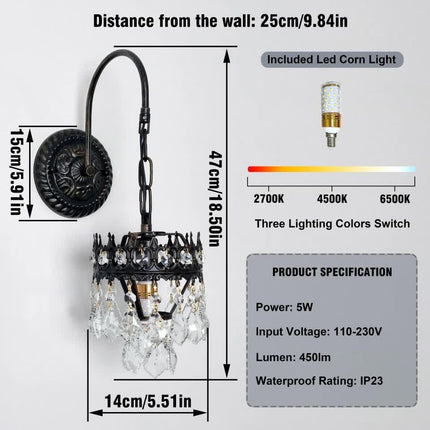 Vintage Wall Light Sconce with Clear Crystals, Black and Gold Glass Wall Lamp, 3-Mode Dimmable LED E14 Lighting Fixture for Home, Bathroom, Dining Room, Hallway.